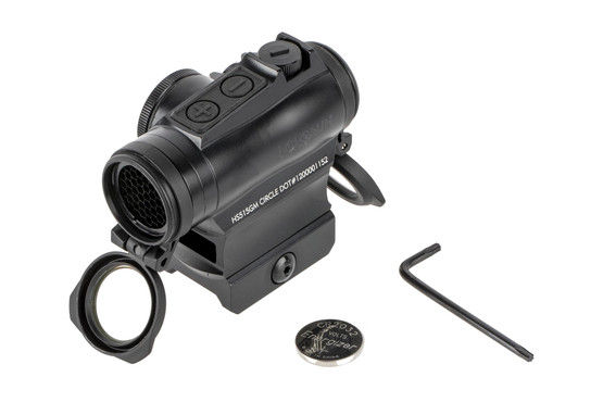 Holosun HE515GM Elite microdot with red circle dot reticle includes a CR2032 battery and tools.